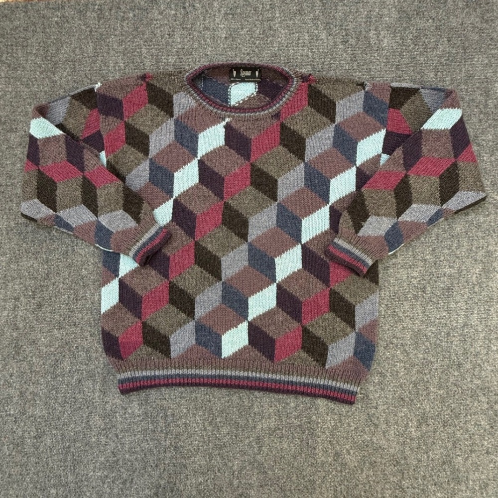 Roymar 100% Alpaca Wool Handmade Geometric 3D Cube Knit Sweater Large